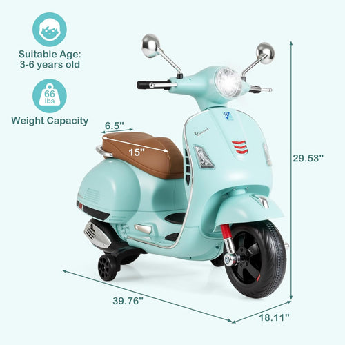Licensed Vespa Scooter Kids Motorcycle by OLAKIDS, 12V Ride on Electric Motorcycle with Training Wheels LED Lights Music Story Mode Horn
