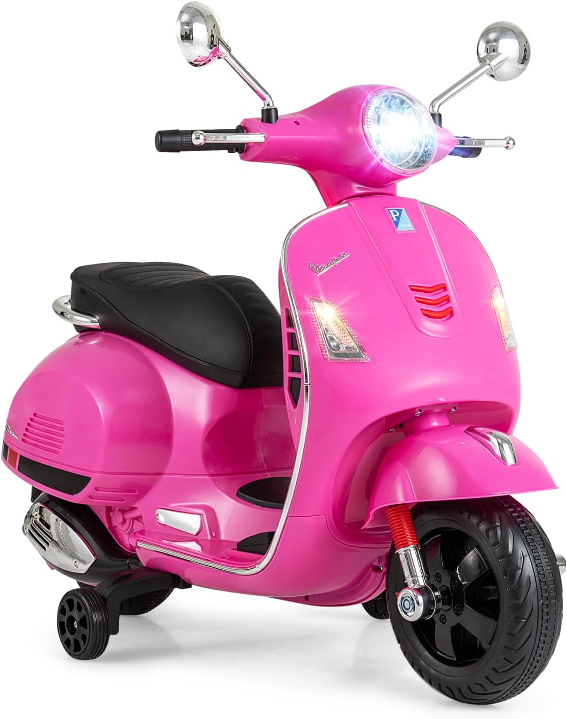 Licensed Vespa Scooter Kids Motorcycle by OLAKIDS, 12V Ride on Electric Motorcycle with Training Wheels LED Lights Music Story Mode Horn