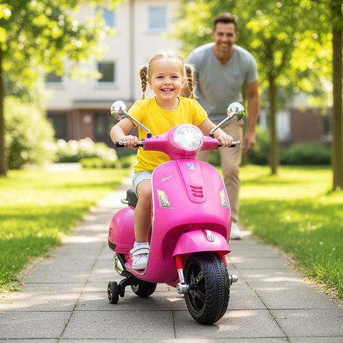 Licensed Vespa Scooter Kids Motorcycle by OLAKIDS, 12V Ride on Electric Motorcycle with Training Wheels LED Lights Music Story Mode Horn