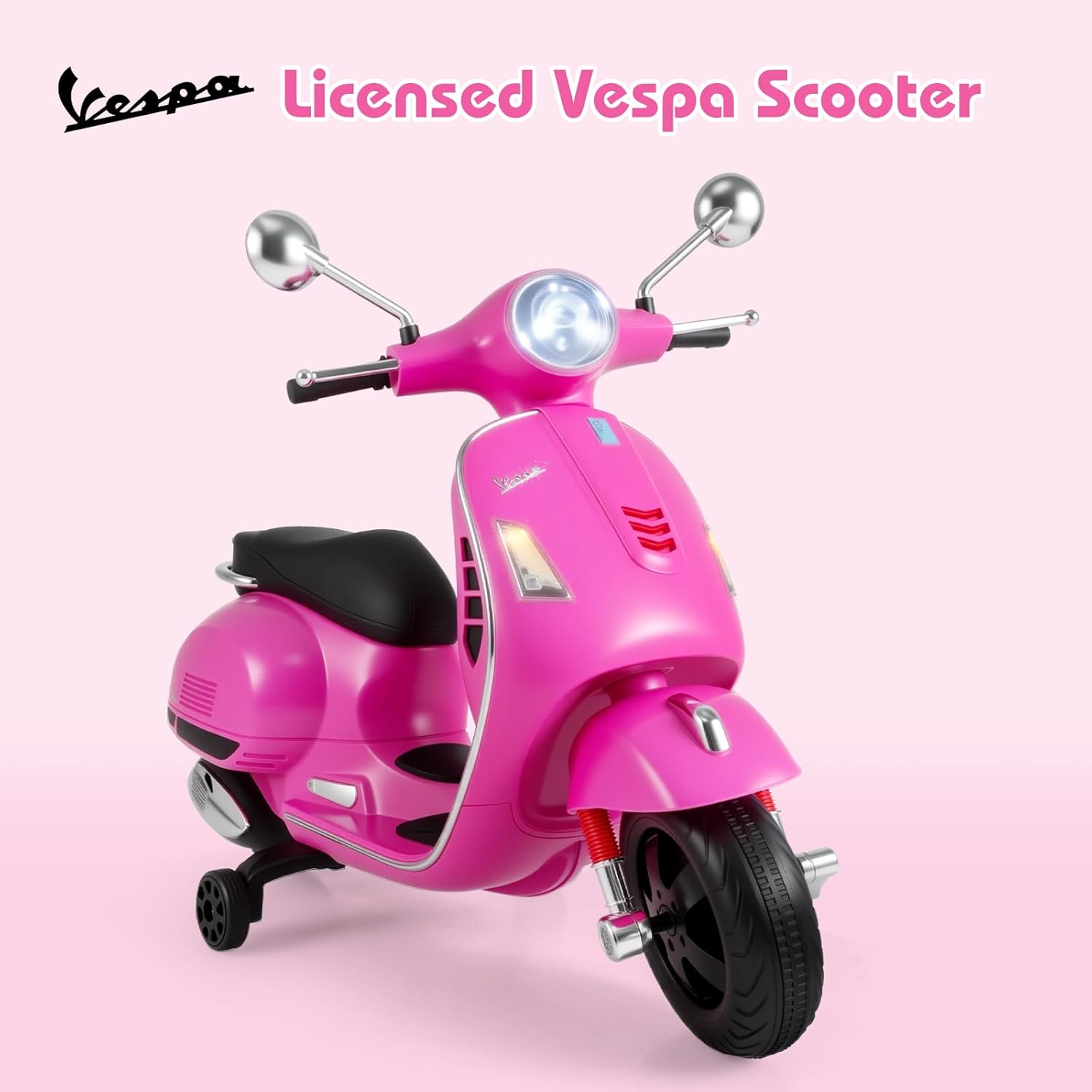 Licensed Vespa Scooter Kids Motorcycle by OLAKIDS, 12V Ride on Electric Motorcycle with Training Wheels LED Lights Music Story Mode Horn