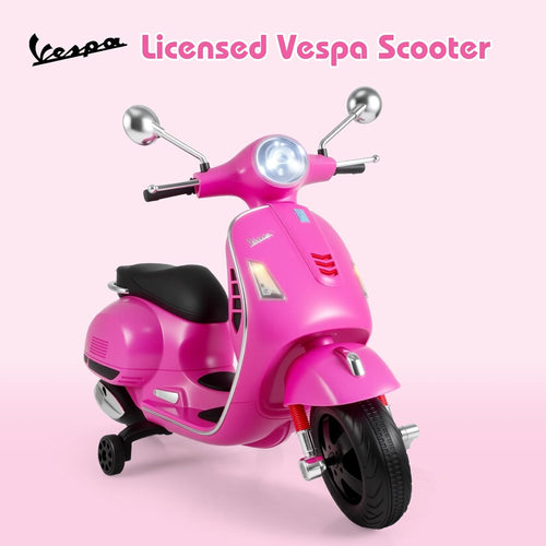Licensed Vespa Scooter Kids Motorcycle by OLAKIDS, 12V Ride on Electric Motorcycle with Training Wheels LED Lights Music Story Mode Horn