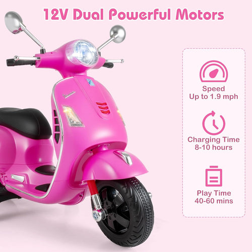 Licensed Vespa Scooter Kids Motorcycle by OLAKIDS, 12V Ride on Electric Motorcycle with Training Wheels LED Lights Music Story Mode Horn