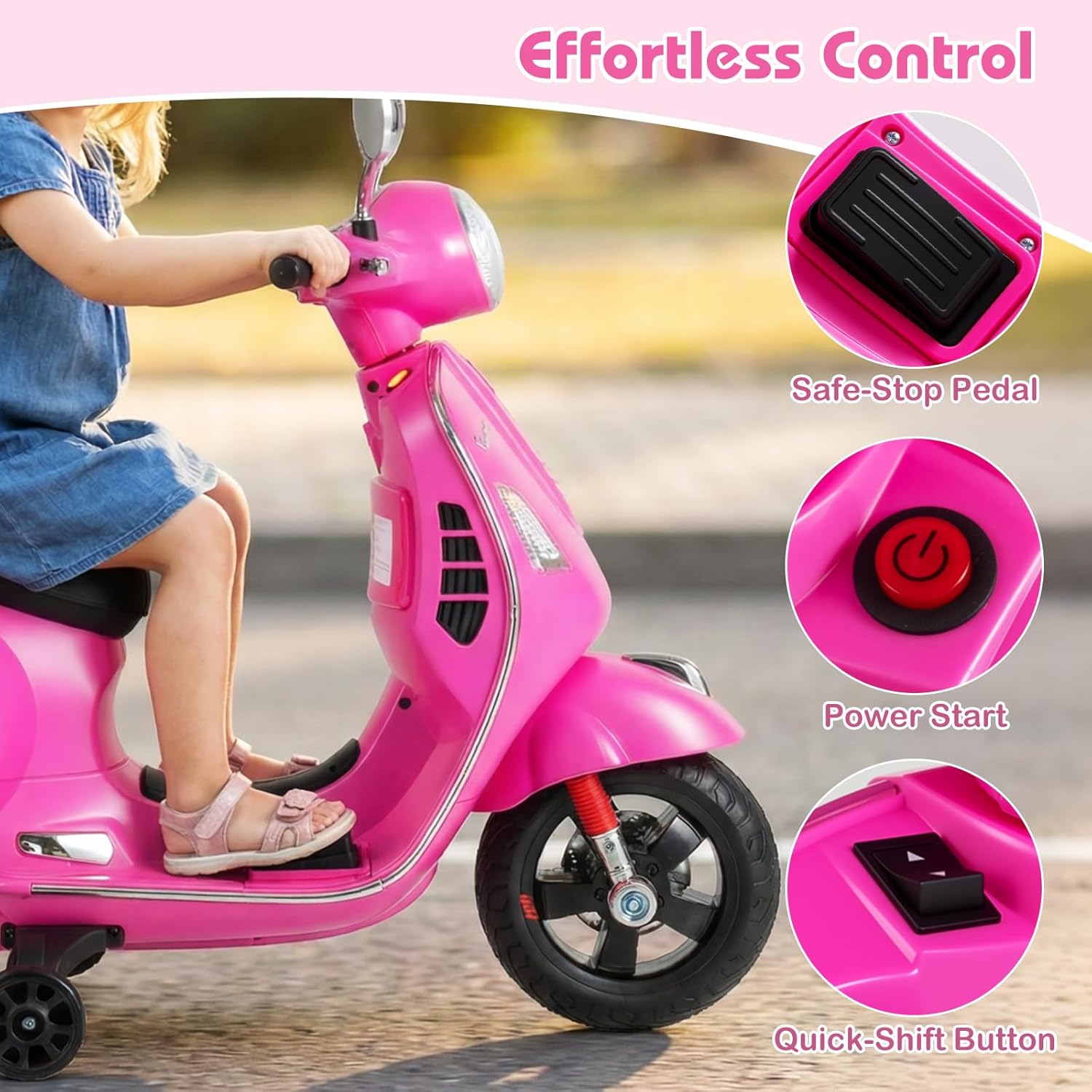 Licensed Vespa Scooter Kids Motorcycle by OLAKIDS, 12V Ride on Electric Motorcycle with Training Wheels LED Lights Music Story Mode Horn White