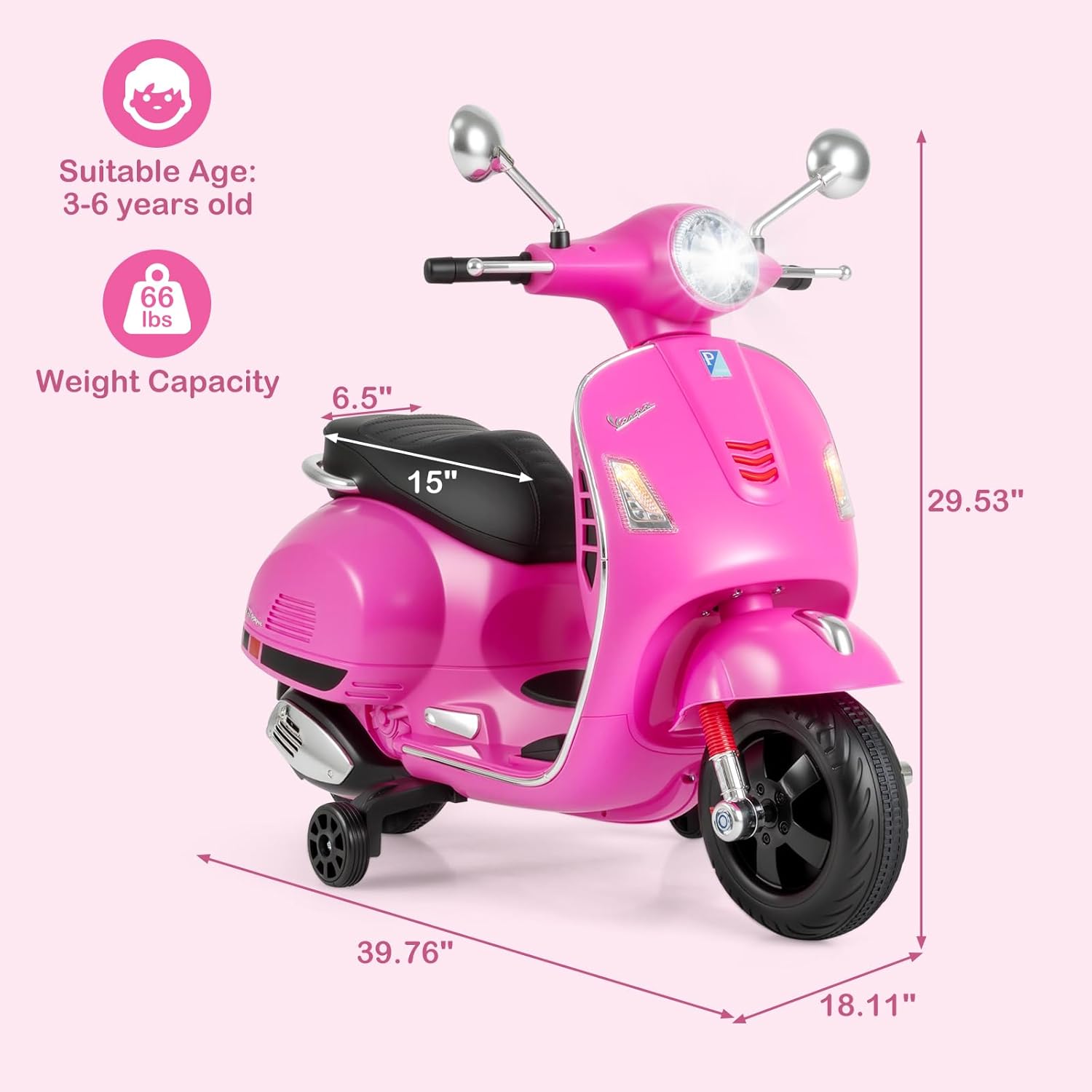 Licensed Vespa Scooter Kids Motorcycle by OLAKIDS, 12V Ride on Electric Motorcycle with Training Wheels LED Lights Music Story Mode Horn