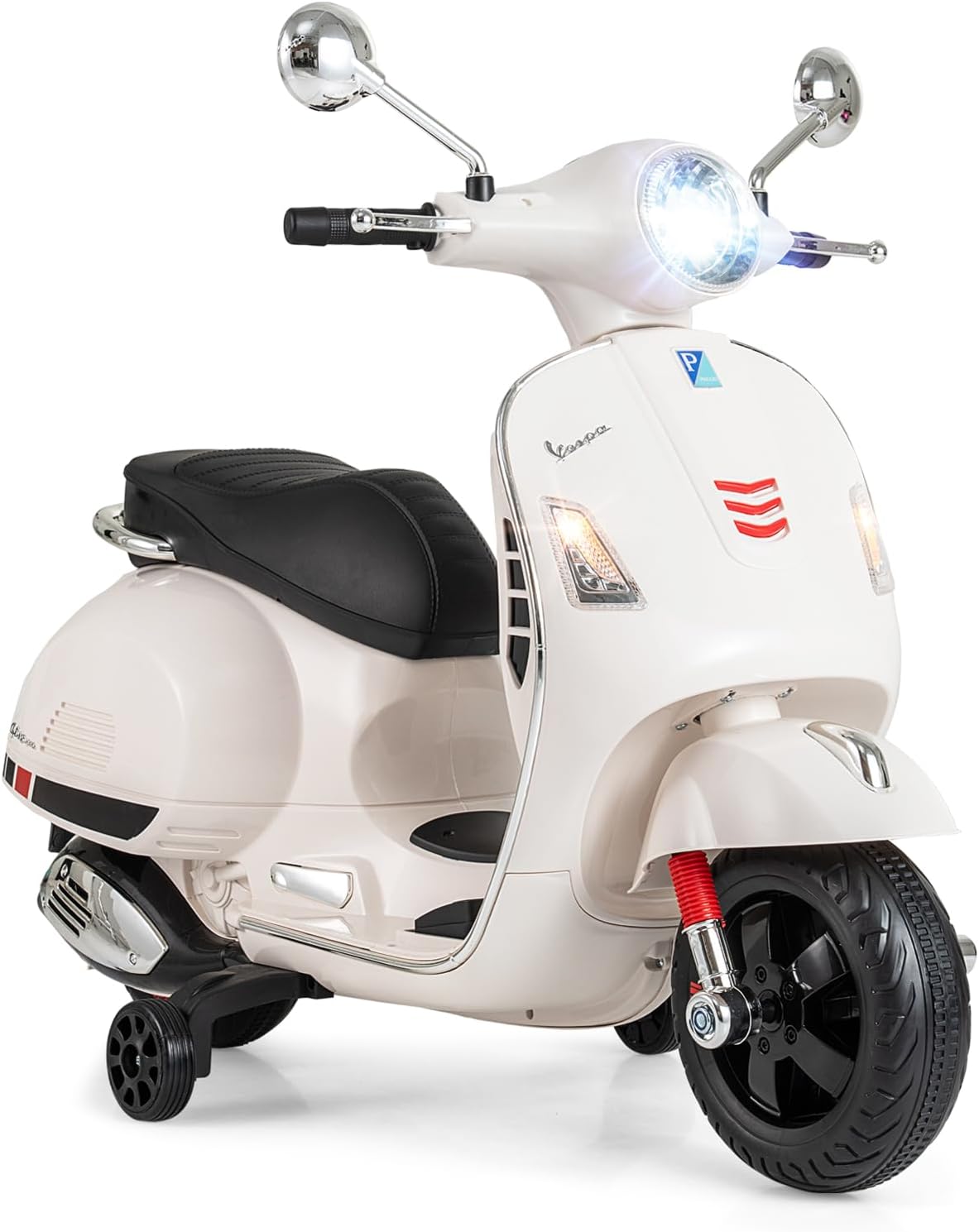 Licensed Vespa Scooter Kids Motorcycle by OLAKIDS, 12V Ride on Electric Motorcycle with Training Wheels LED Lights Music Story Mode Horn