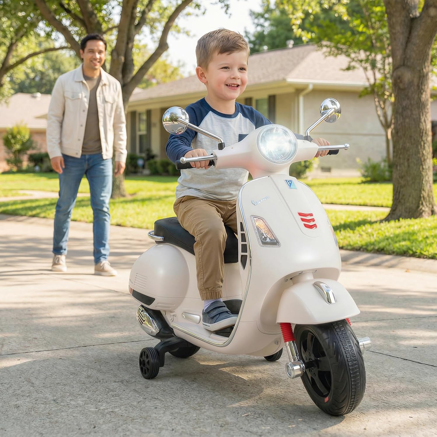 Licensed Vespa Scooter Kids Motorcycle by OLAKIDS, 12V Ride on Electric Motorcycle with Training Wheels LED Lights Music Story Mode Horn