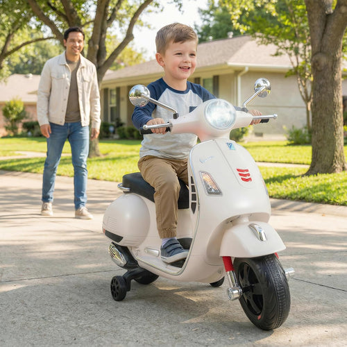 Licensed Vespa Scooter Kids Motorcycle by OLAKIDS, 12V Ride on Electric Motorcycle with Training Wheels LED Lights Music Story Mode Horn