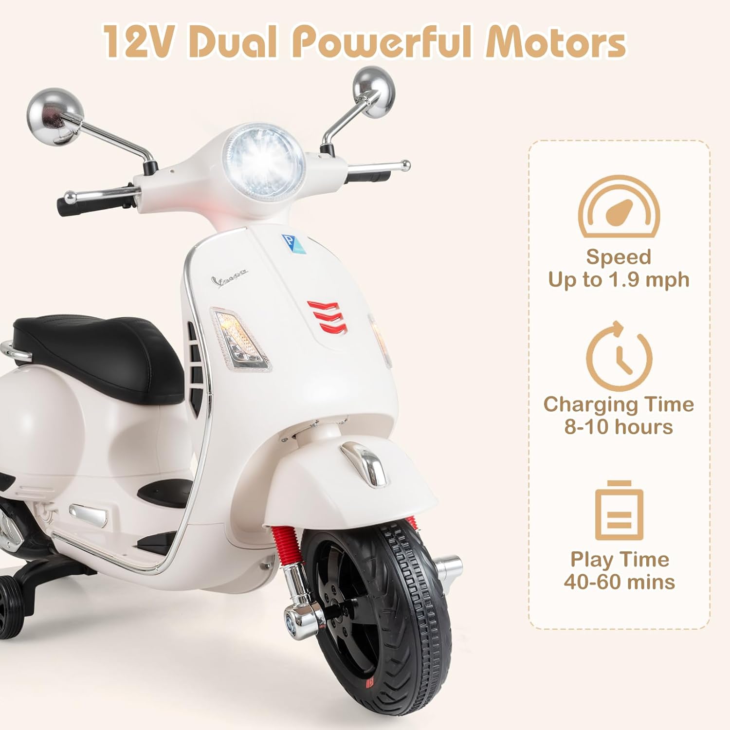 Licensed Vespa Scooter Kids Motorcycle by OLAKIDS, 12V Ride on Electric Motorcycle with Training Wheels LED Lights Music Story Mode Horn