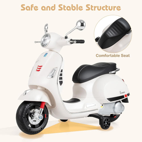 Licensed Vespa Scooter Kids Motorcycle by OLAKIDS, 12V Ride on Electric Motorcycle with Training Wheels LED Lights Music Story Mode Horn