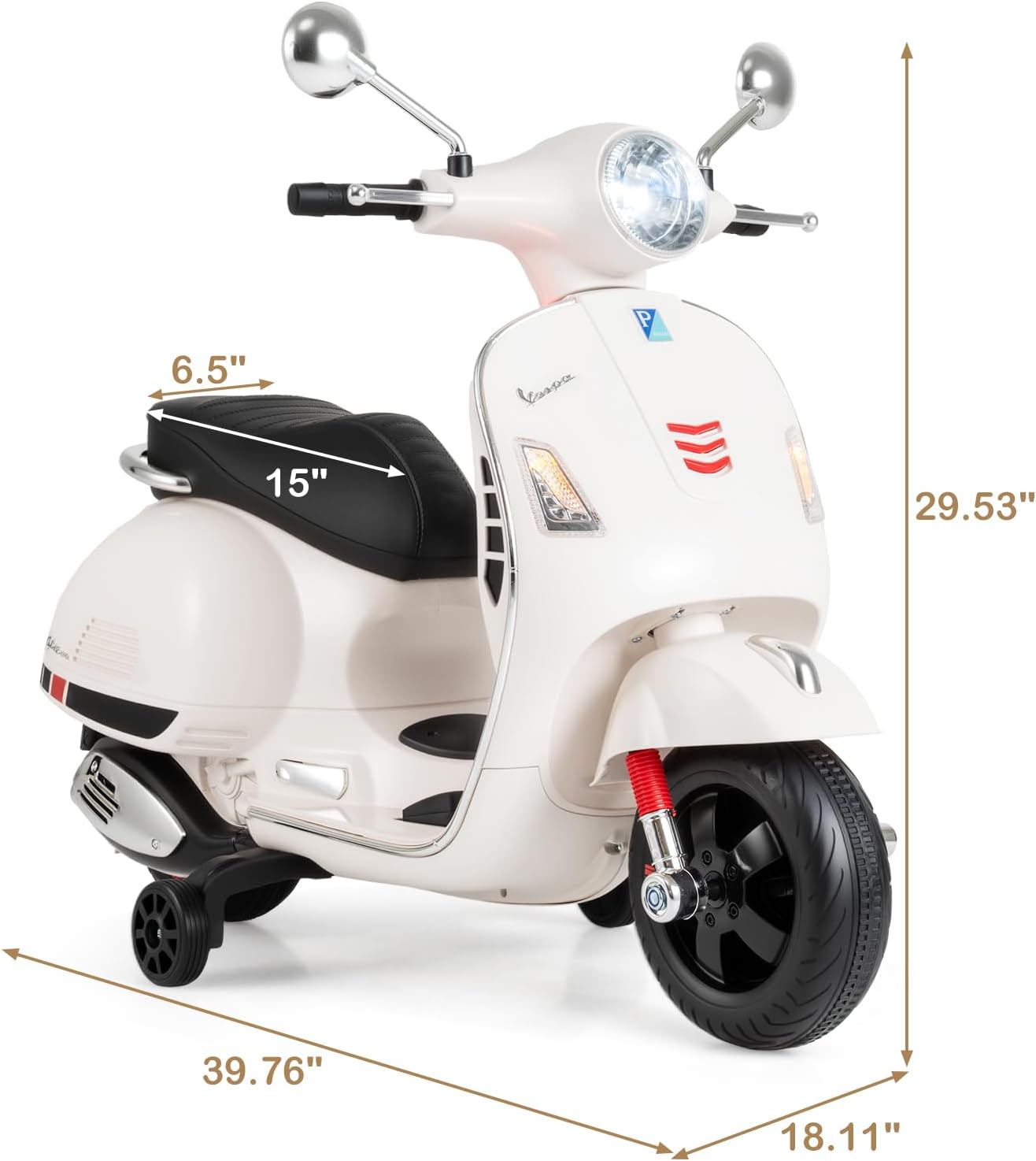 Licensed Vespa Scooter Kids Motorcycle by OLAKIDS, 12V Ride on Electric Motorcycle with Training Wheels LED Lights Music Story Mode Horn