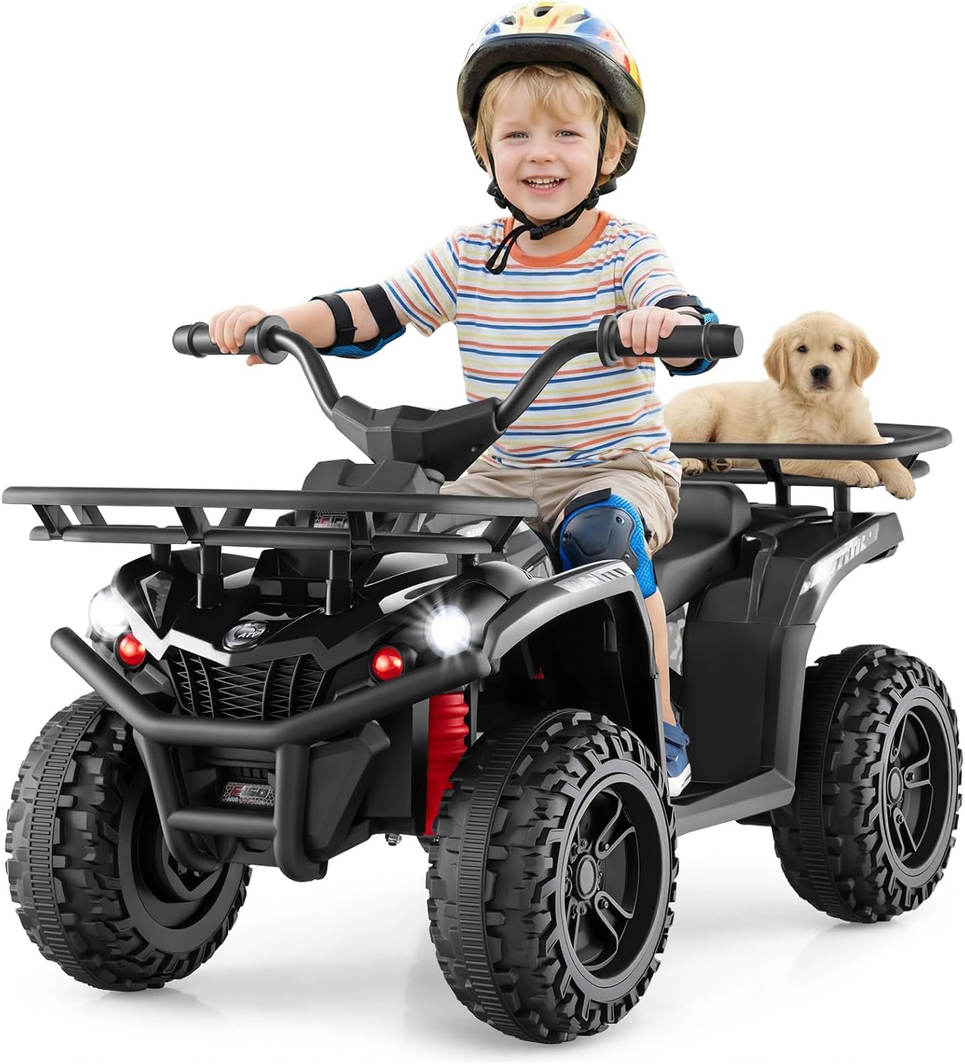 OLAKIDS 12V Kids ATV Quad with 2 Speeds, Spring Suspension, LED Lights, Music & Story Player, Big Tires, 2 Storage Spaces, Ride On Car for Boys Girls Ages 3+
