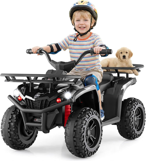 OLAKIDS 12V Kids ATV Quad with 2 Speeds, Spring Suspension, LED Lights, Music & Story Player, Big Tires, 2 Storage Spaces, Ride On Car for Boys Girls Ages 3+