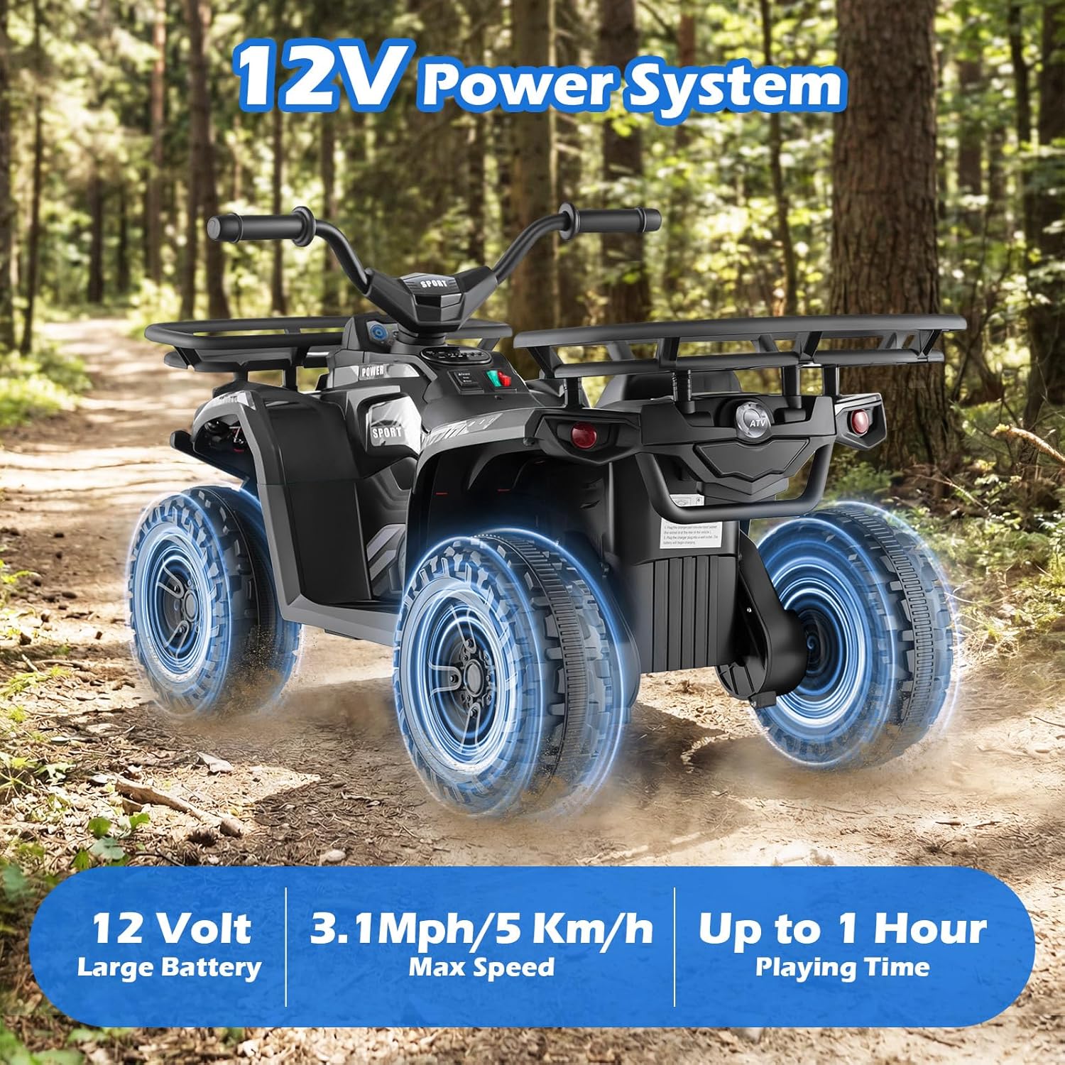 OLAKIDS 12V Kids ATV Quad with 2 Speeds, Spring Suspension, LED Lights, Music & Story Player, Big Tires, 2 Storage Spaces, Ride On Car for Boys Girls Ages 3+