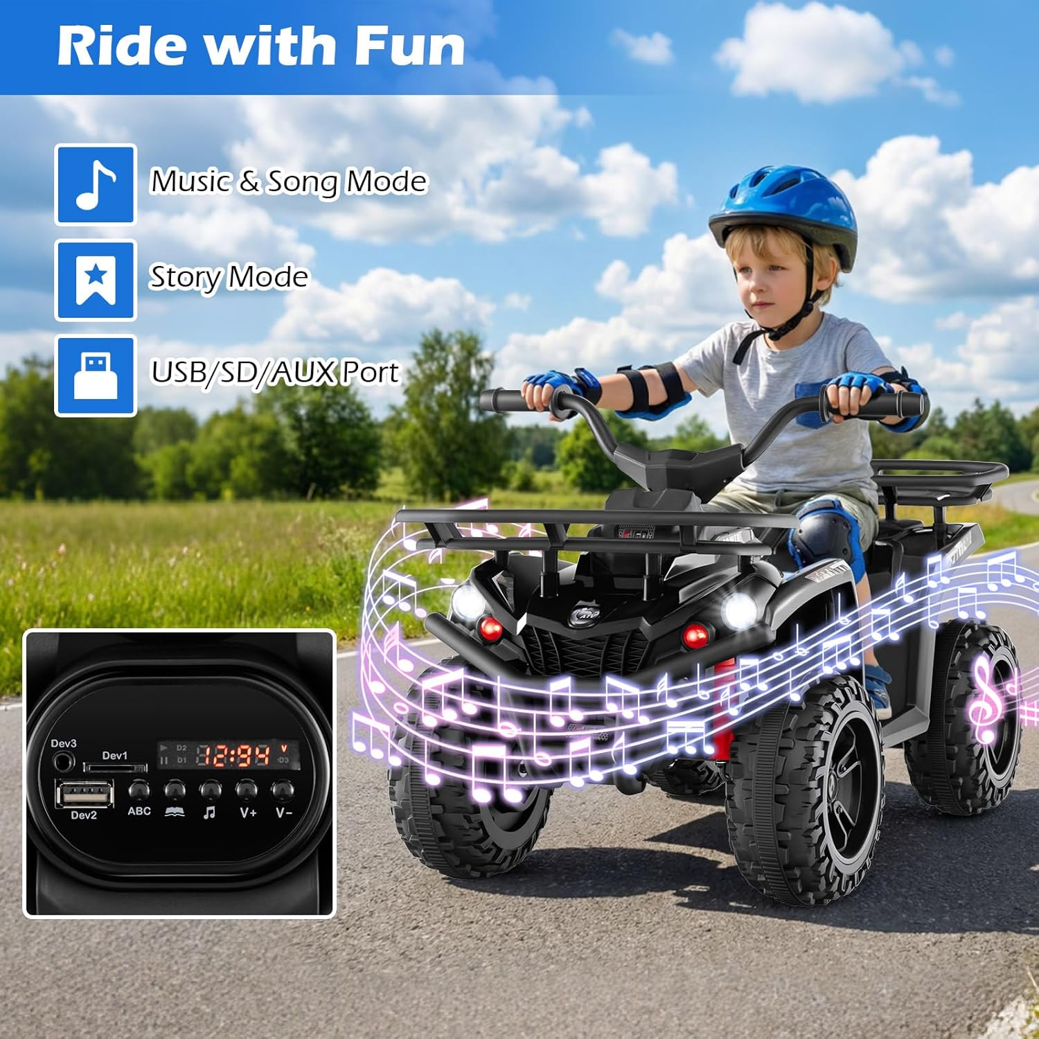 OLAKIDS 12V Kids ATV Quad with 2 Speeds, Spring Suspension, LED Lights, Music & Story Player, Big Tires, 2 Storage Spaces, Ride On Car for Boys Girls Ages 3+