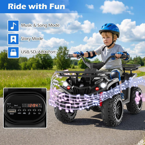 OLAKIDS 12V Kids ATV Quad with 2 Speeds, Spring Suspension, LED Lights, Music & Story Player, Big Tires, 2 Storage Spaces, Ride On Car for Boys Girls Ages 3+