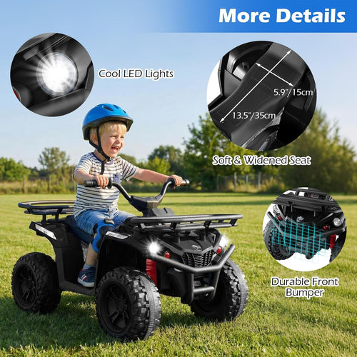 OLAKIDS 12V Kids ATV Quad with 2 Speeds, Spring Suspension, LED Lights, Music & Story Player, Big Tires, 2 Storage Spaces, Ride On Car for Boys Girls Ages 3+