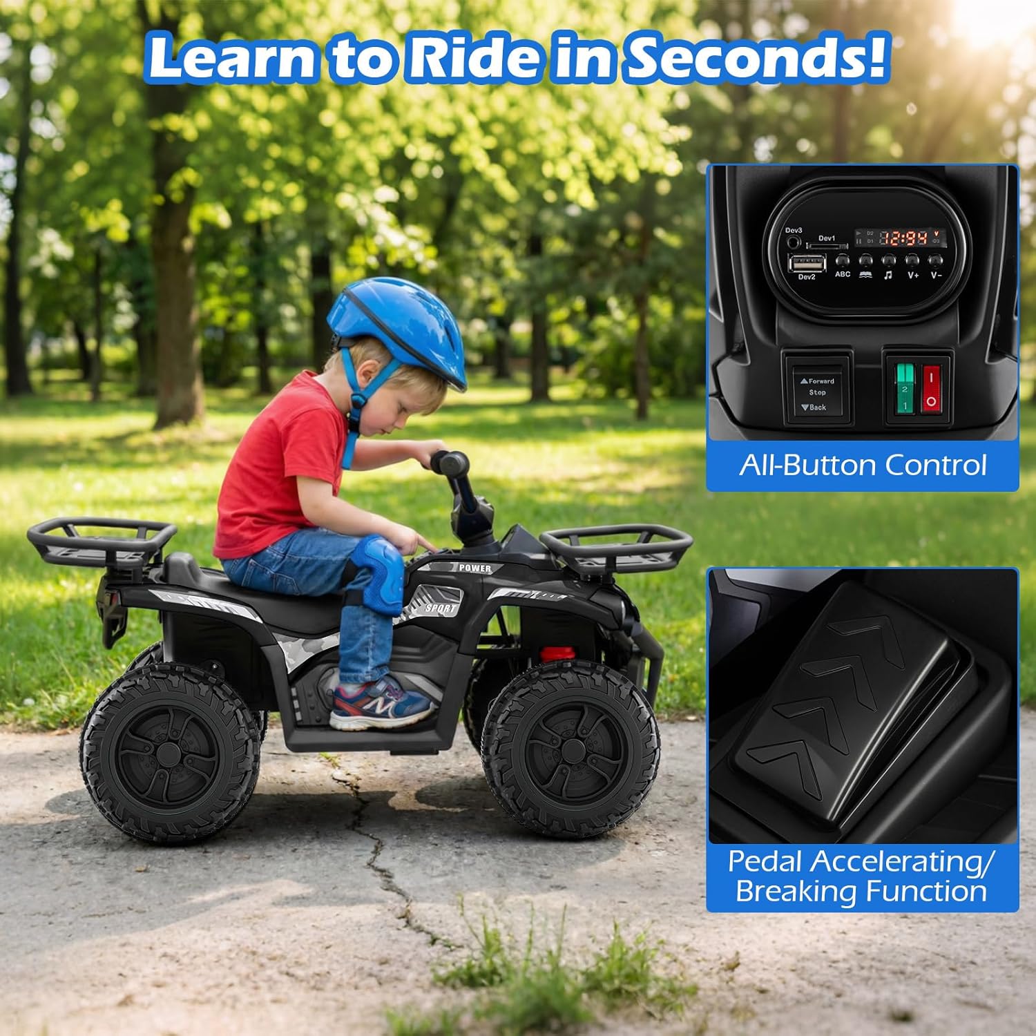 OLAKIDS 12V Kids ATV Quad with 2 Speeds, Spring Suspension, LED Lights, Music & Story Player, Big Tires, 2 Storage Spaces, Ride On Car for Boys Girls Ages 3+