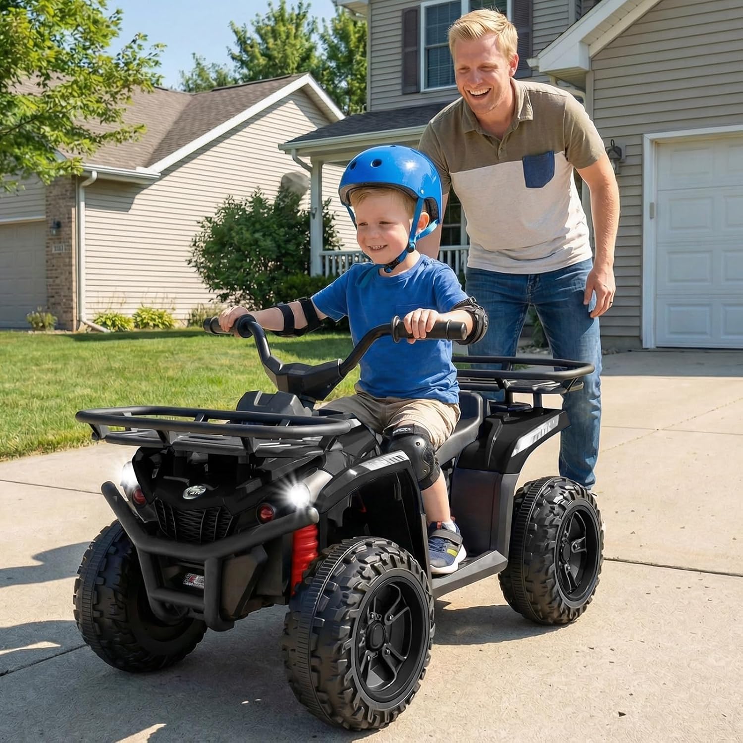 OLAKIDS 12V Kids ATV Quad with 2 Speeds, Spring Suspension, LED Lights, Music & Story Player, Big Tires, 2 Storage Spaces, Ride On Car for Boys Girls Ages 3+