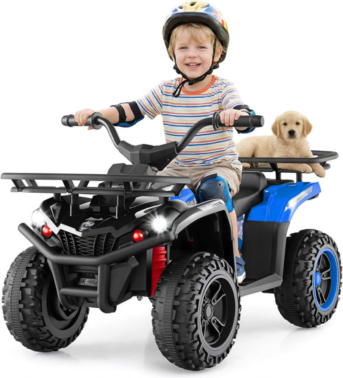 OLAKIDS 12V Kids ATV Quad with 2 Speeds, Spring Suspension, LED Lights, Music & Story Player, Big Tires, 2 Storage Spaces, Ride On Car for Boys Girls Ages 3+