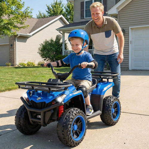 OLAKIDS 12V Kids ATV Quad with 2 Speeds, Spring Suspension, LED Lights, Music & Story Player, Big Tires, 2 Storage Spaces, Ride On Car for Boys Girls Ages 3+