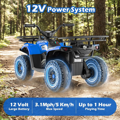 OLAKIDS 12V Kids ATV Quad with 2 Speeds, Spring Suspension, LED Lights, Music & Story Player, Big Tires, 2 Storage Spaces, Ride On Car for Boys Girls Ages 3+