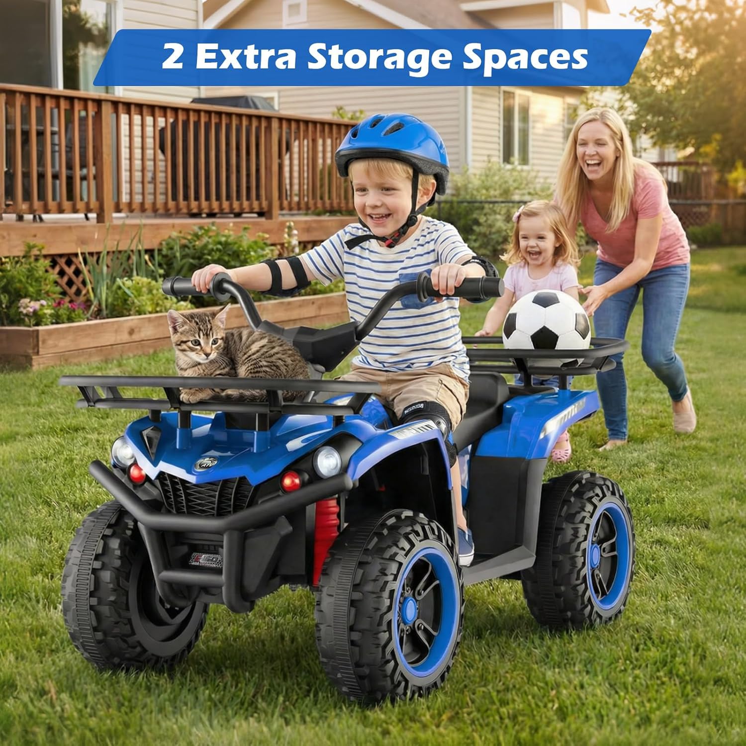 OLAKIDS 12V Kids ATV Quad with 2 Speeds, Spring Suspension, LED Lights, Music & Story Player, Big Tires, 2 Storage Spaces, Ride On Car for Boys Girls Ages 3+