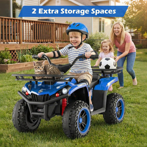 OLAKIDS 12V Kids ATV Quad with 2 Speeds, Spring Suspension, LED Lights, Music & Story Player, Big Tires, 2 Storage Spaces, Ride On Car for Boys Girls Ages 3+