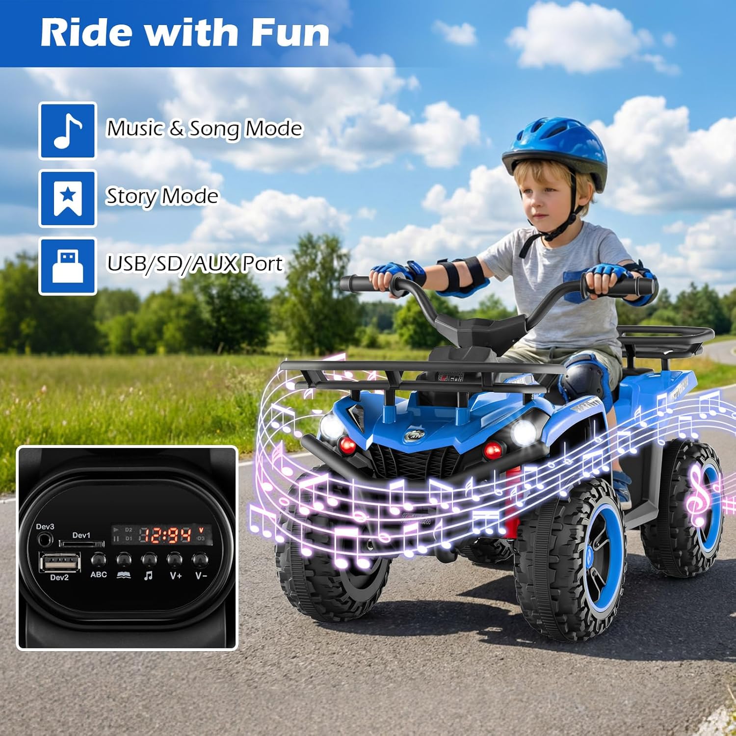 OLAKIDS 12V Kids ATV Quad with 2 Speeds, Spring Suspension, LED Lights, Music & Story Player, Big Tires, 2 Storage Spaces, Ride On Car for Boys Girls Ages 3+