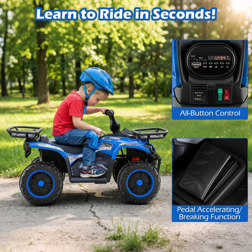 OLAKIDS 12V Kids ATV Quad with 2 Speeds, Spring Suspension, LED Lights, Music & Story Player, Big Tires, 2 Storage Spaces, Ride On Car for Boys Girls Ages 3+