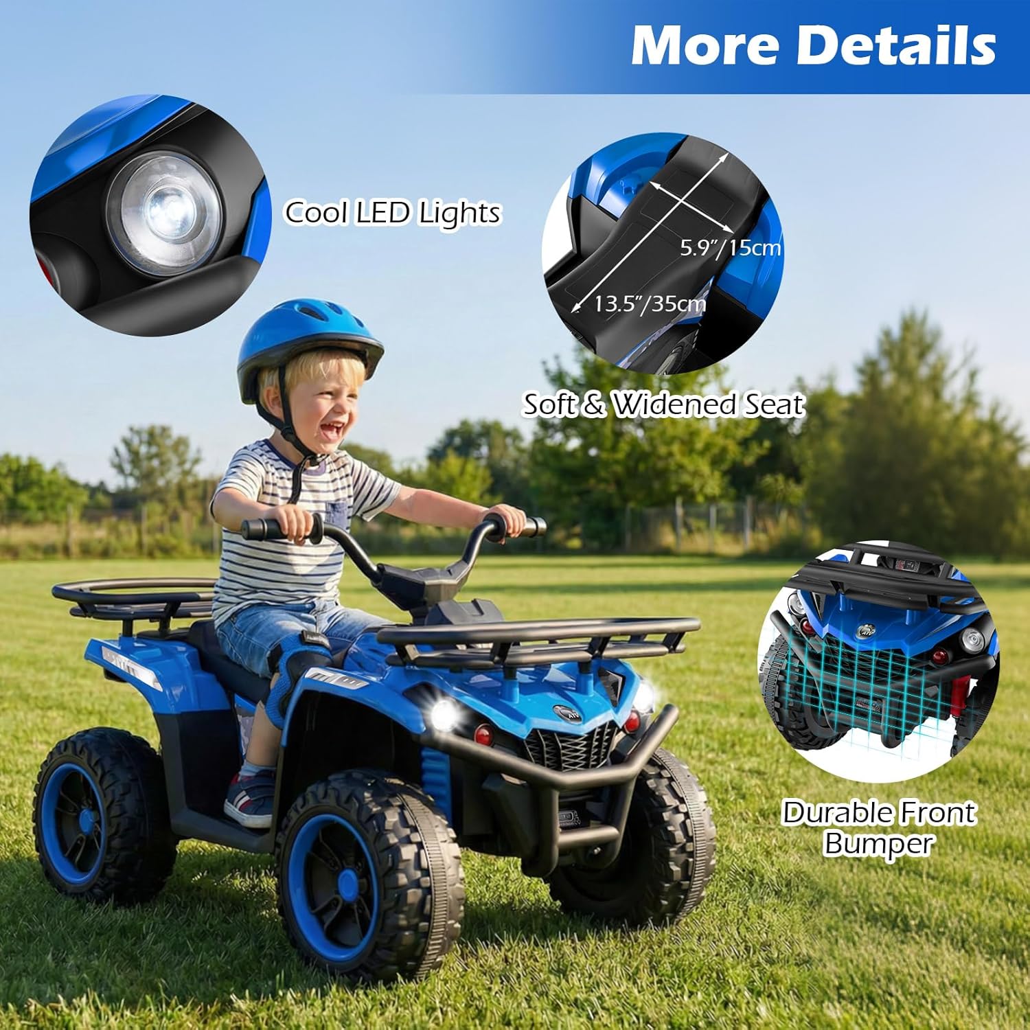 OLAKIDS 12V Kids ATV Quad with 2 Speeds, Spring Suspension, LED Lights, Music & Story Player, Big Tires, 2 Storage Spaces, Ride On Car for Boys Girls Ages 3+
