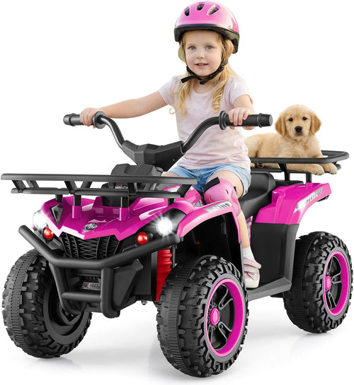 OLAKIDS 12V Kids ATV Quad with 2 Speeds, Spring Suspension, LED Lights, Music & Story Player, Big Tires, 2 Storage Spaces, Ride On Car for Boys Girls Ages 3+