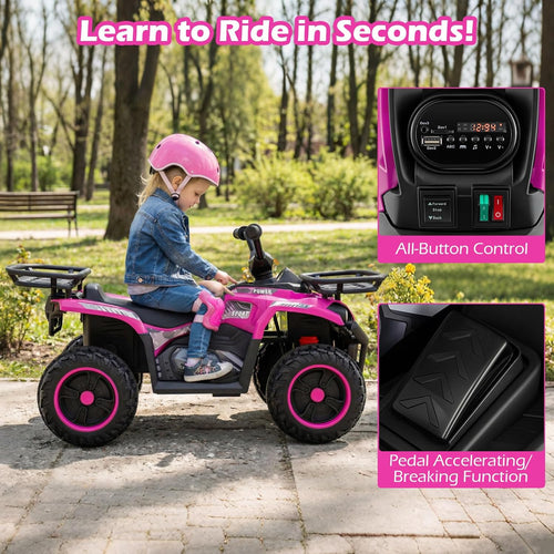 OLAKIDS 12V Kids ATV Quad with 2 Speeds, Spring Suspension, LED Lights, Music & Story Player, Big Tires, 2 Storage Spaces, Ride On Car for Boys Girls Ages 3+
