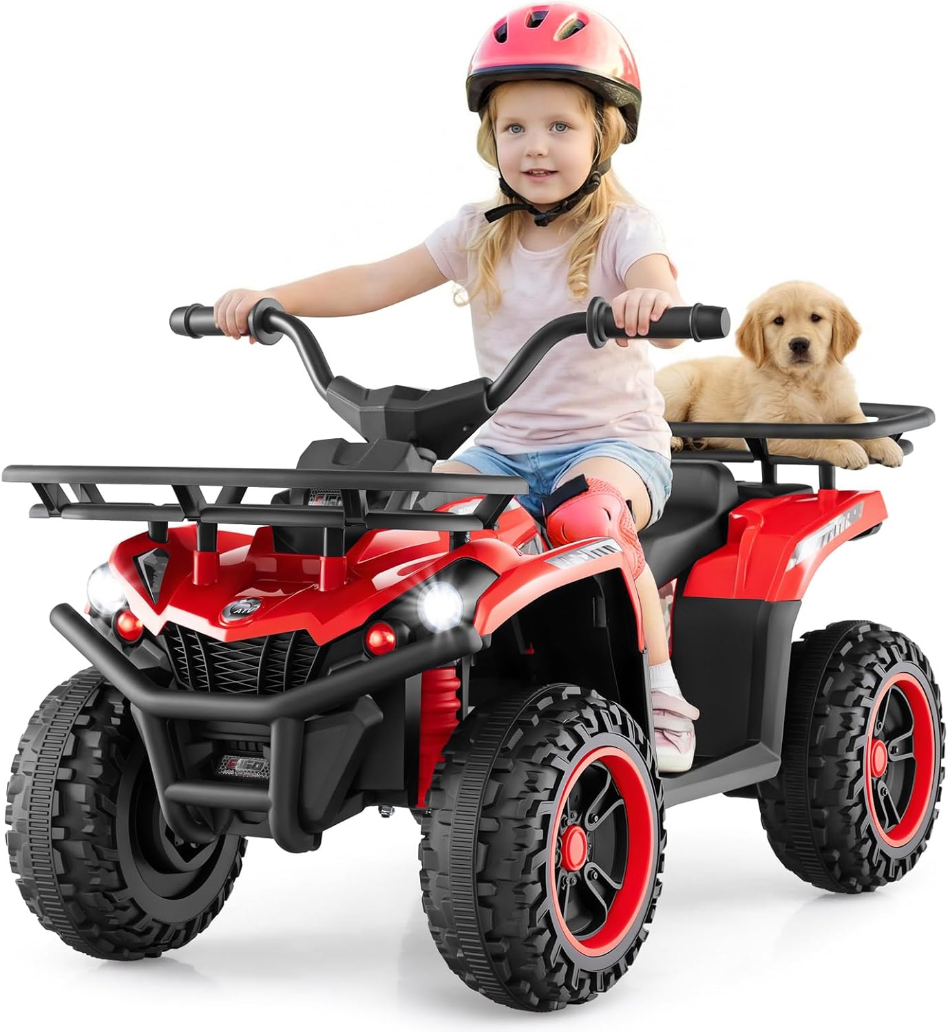 OLAKIDS 12V Kids ATV Quad with 2 Speeds, Spring Suspension, LED Lights, Music & Story Player, Big Tires, 2 Storage Spaces, Ride On Car for Boys Girls Ages 3+
