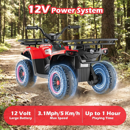 OLAKIDS 12V Kids ATV Quad with 2 Speeds, Spring Suspension, LED Lights, Music & Story Player, Big Tires, 2 Storage Spaces, Ride On Car for Boys Girls Ages 3+