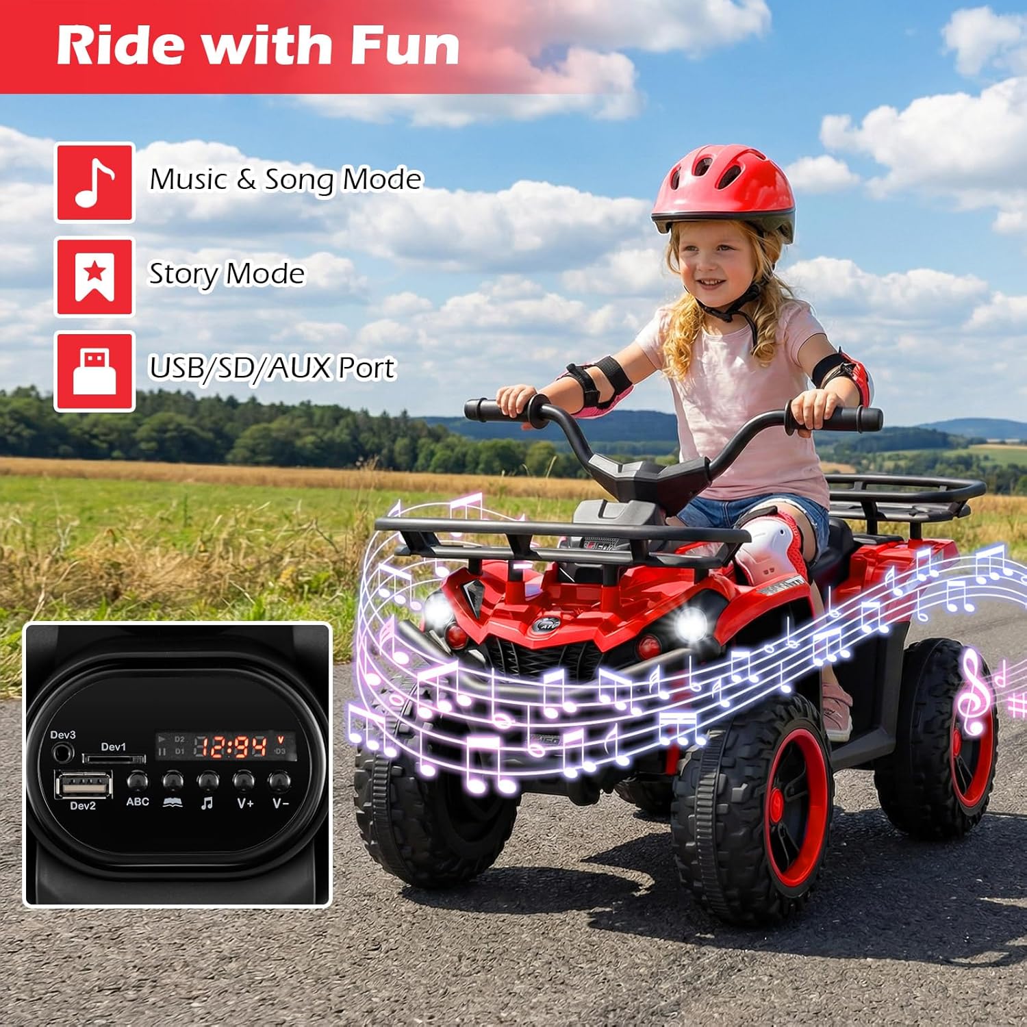 OLAKIDS 12V Kids ATV Quad with 2 Speeds, Spring Suspension, LED Lights, Music & Story Player, Big Tires, 2 Storage Spaces, Ride On Car for Boys Girls Ages 3+