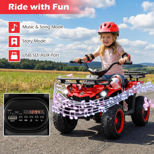 OLAKIDS 12V Kids ATV Quad with 2 Speeds, Spring Suspension, LED Lights, Music & Story Player, Big Tires, 2 Storage Spaces, Ride On Car for Boys Girls Ages 3+