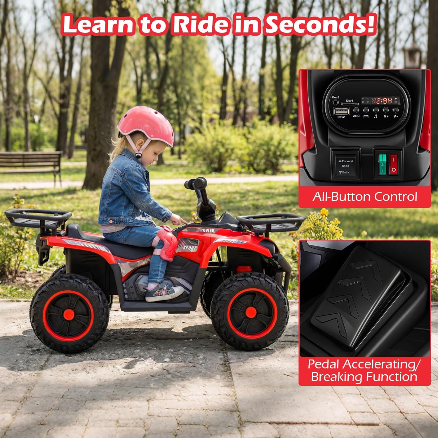 OLAKIDS 12V Kids ATV Quad with 2 Speeds, Spring Suspension, LED Lights, Music & Story Player, Big Tires, 2 Storage Spaces, Ride On Car for Boys Girls Ages 3+