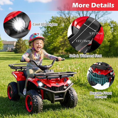 OLAKIDS 12V Kids ATV Quad with 2 Speeds, Spring Suspension, LED Lights, Music & Story Player, Big Tires, 2 Storage Spaces, Ride On Car for Boys Girls Ages 3+