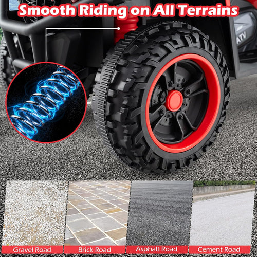 OLAKIDS 12V Kids ATV Quad with 2 Speeds, Spring Suspension, LED Lights, Music & Story Player, Big Tires, 2 Storage Spaces, Ride On Car for Boys Girls Ages 3+