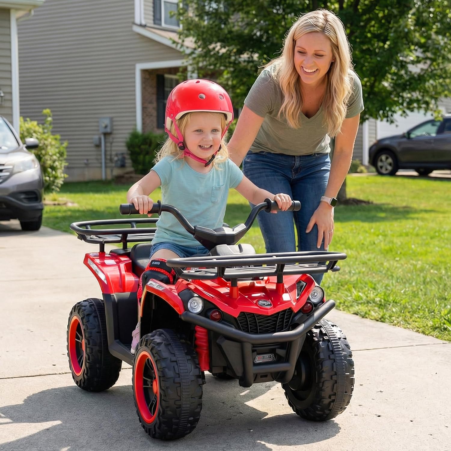 OLAKIDS 12V Kids ATV Quad with 2 Speeds, Spring Suspension, LED Lights, Music & Story Player, Big Tires, 2 Storage Spaces, Ride On Car for Boys Girls Ages 3+