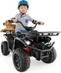 OLAKIDS 24V Kids ATV Quad with 5Mph Max Speed, Spring Suspension, LED Lights, Music & Story Player, Big Tires, 2 Storage Spaces, Ride On Car for Boys Girls Ages 3+