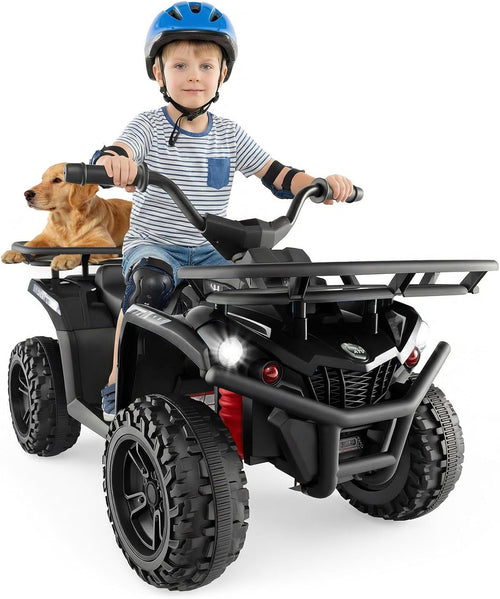 OLAKIDS 24V Kids ATV Quad with 5Mph Max Speed, Spring Suspension, LED Lights, Music & Story Player, Big Tires, 2 Storage Spaces, Ride On Car for Boys Girls Ages 3+