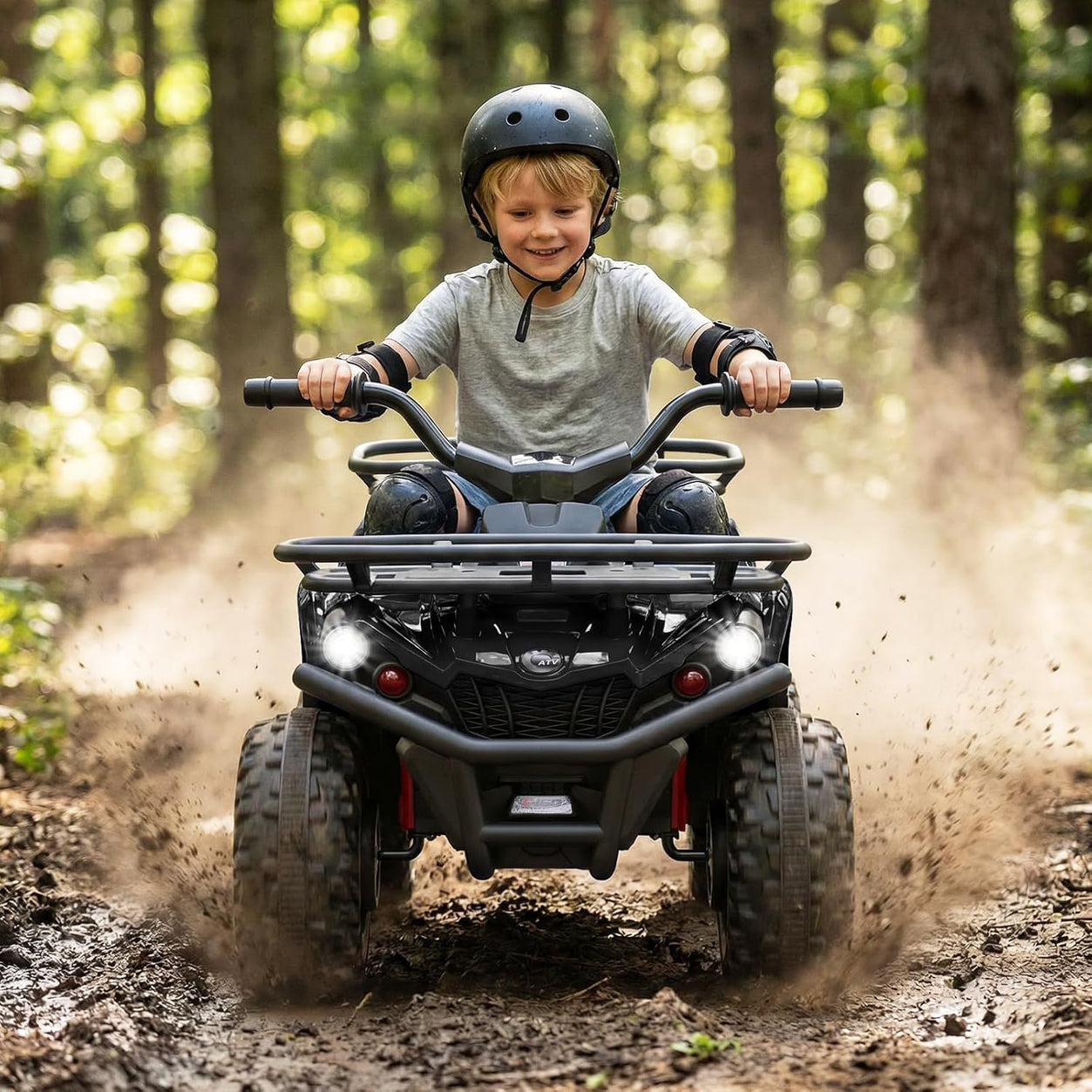 OLAKIDS 24V Kids ATV Quad with 5Mph Max Speed, Spring Suspension, LED Lights, Music & Story Player, Big Tires, 2 Storage Spaces, Ride On Car for Boys Girls Ages 3+