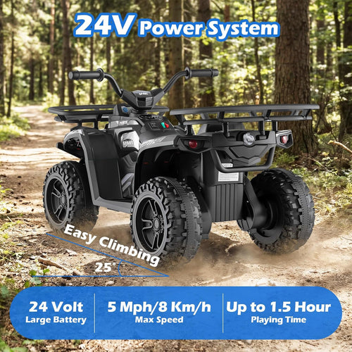 OLAKIDS 24V Kids ATV Quad with 5Mph Max Speed, Spring Suspension, LED Lights, Music & Story Player, Big Tires, 2 Storage Spaces, Ride On Car for Boys Girls Ages 3+