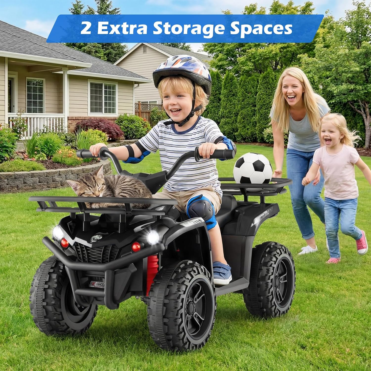 OLAKIDS 24V Kids ATV Quad with 5Mph Max Speed, Spring Suspension, LED Lights, Music & Story Player, Big Tires, 2 Storage Spaces, Ride On Car for Boys Girls Ages 3+