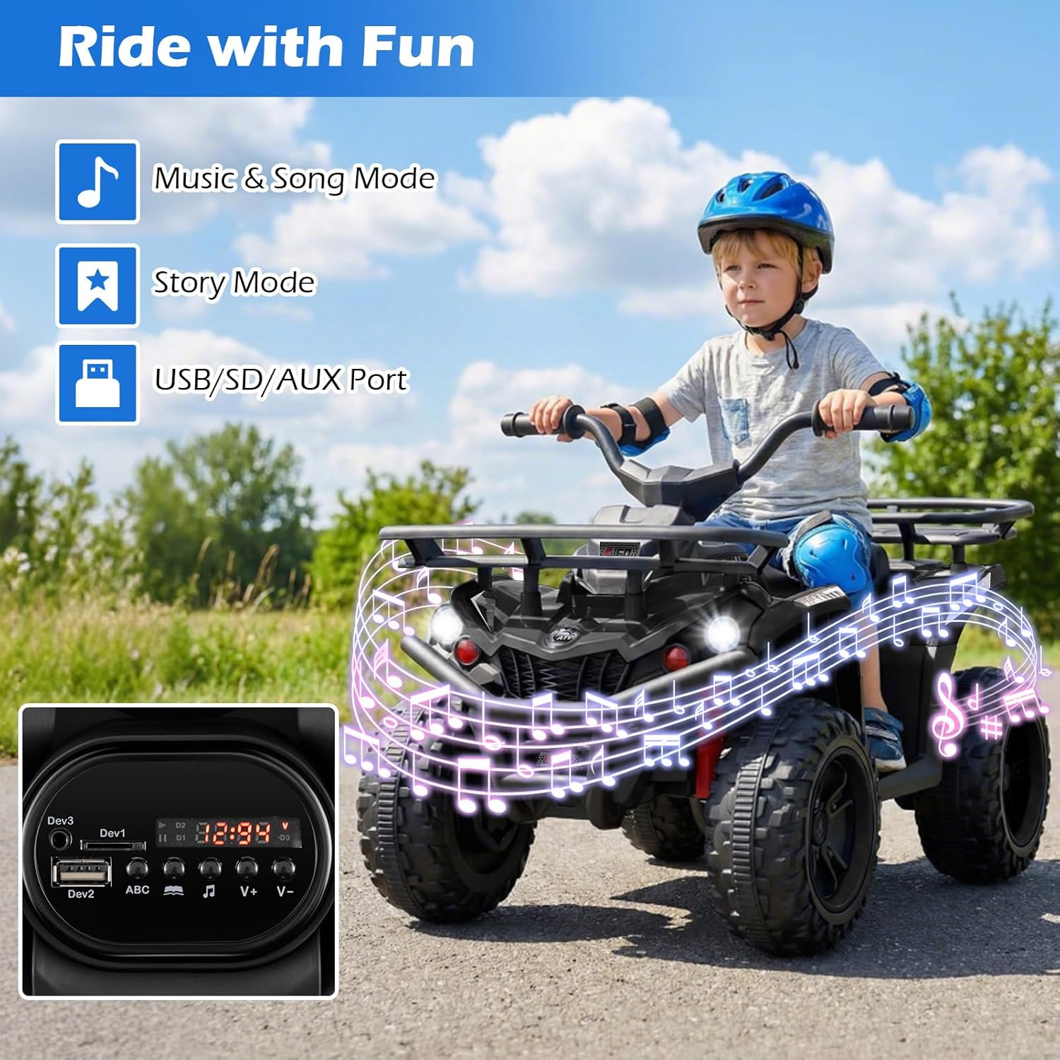 OLAKIDS 24V Kids ATV Quad with 5Mph Max Speed, Spring Suspension, LED Lights, Music & Story Player, Big Tires, 2 Storage Spaces, Ride On Car for Boys Girls Ages 3+
