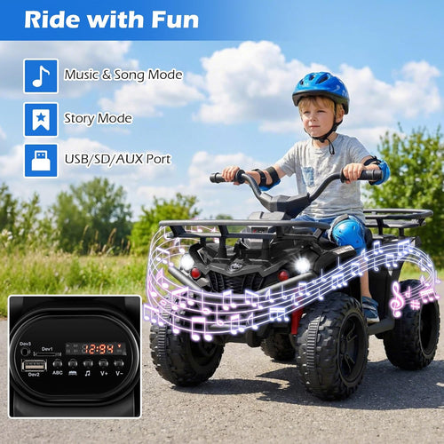 OLAKIDS 24V Kids ATV Quad with 5Mph Max Speed, Spring Suspension, LED Lights, Music & Story Player, Big Tires, 2 Storage Spaces, Ride On Car for Boys Girls Ages 3+