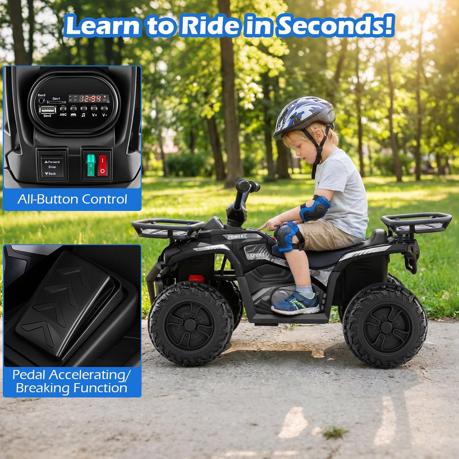 OLAKIDS 24V Kids ATV Quad with 5Mph Max Speed, Spring Suspension, LED Lights, Music & Story Player, Big Tires, 2 Storage Spaces, Ride On Car for Boys Girls Ages 3+