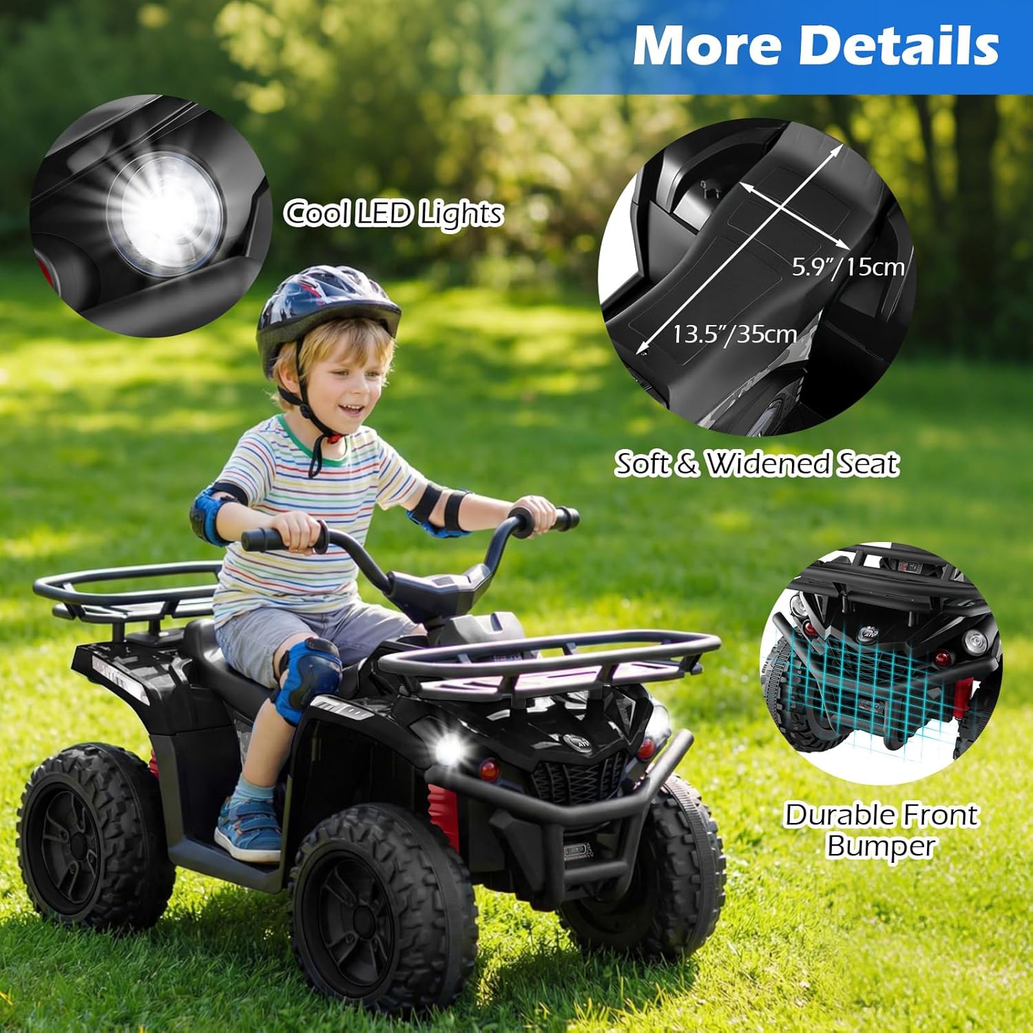 OLAKIDS 24V Kids ATV Quad with 5Mph Max Speed, Spring Suspension, LED Lights, Music & Story Player, Big Tires, 2 Storage Spaces, Ride On Car for Boys Girls Ages 3+