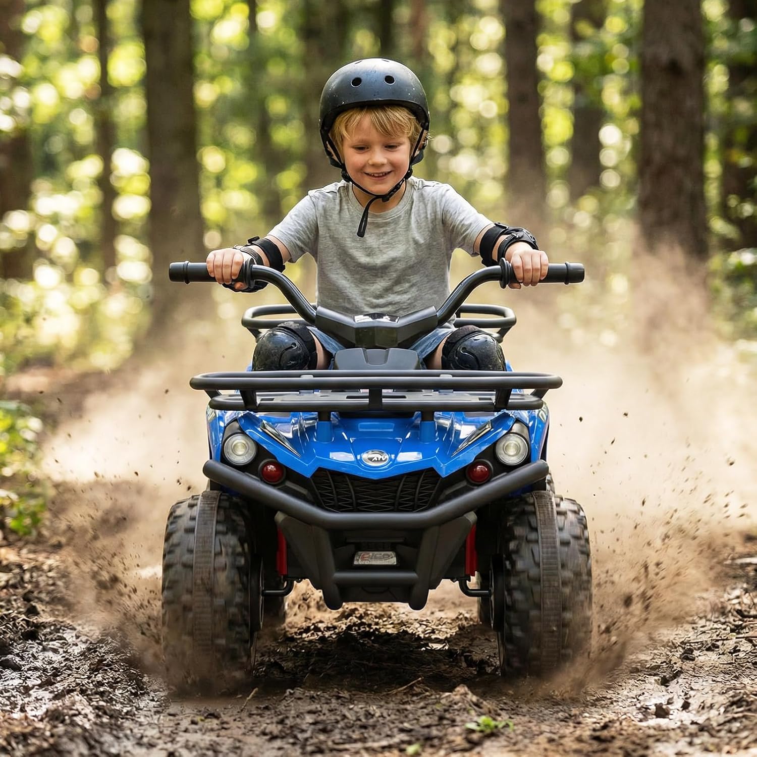 OLAKIDS 24V Kids ATV Quad with 5Mph Max Speed, Spring Suspension, LED Lights, Music & Story Player, Big Tires, 2 Storage Spaces, Ride On Car for Boys Girls Ages 3+
